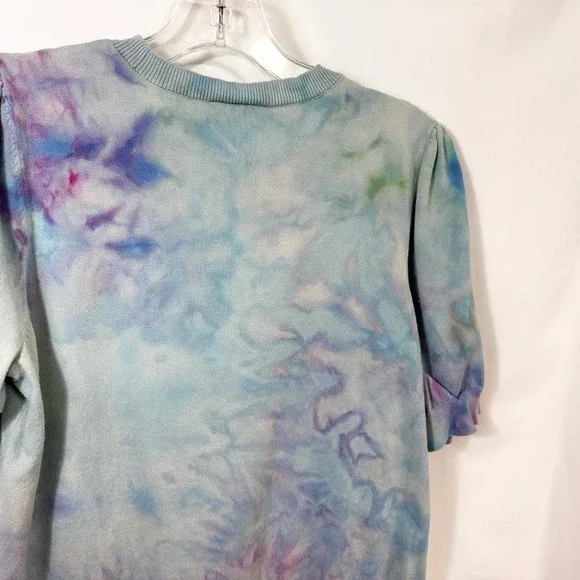 LOFT Large Top Handmade Tie‎ Dye Puff Sleeve Blue Purple Knit Boho Whimsy 1545 - Picture 8 of 10